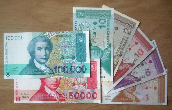 Kroatie 1991-1993, 7 biljetten van 1 tot 100.000 dinar (UNC), Postzegels en Munten, Bankbiljetten | Europa | Niet-Eurobiljetten