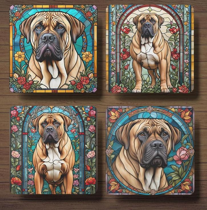 Boerboel Glas in Lood onderzetters met houder, Huis en Inrichting, Woonaccessoires | Onderzetters, Zo goed als nieuw, Glas of Kopje
