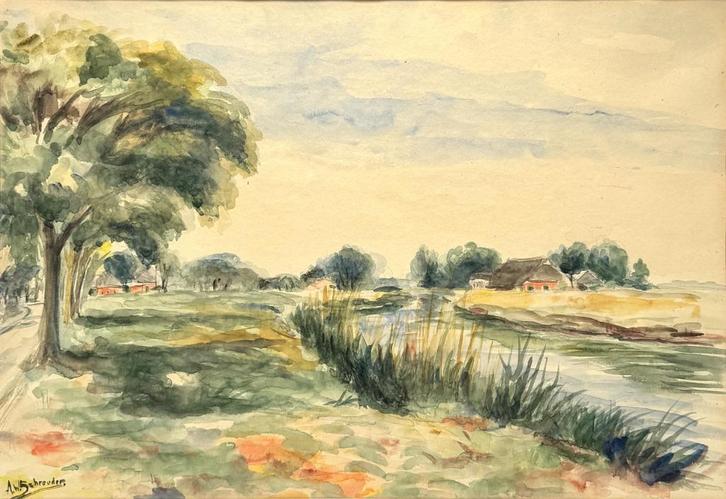 Aquarel, A.W. Schreuder – "Reitdiep bij Winsum”, ca. 1965, Antiek en Kunst, Kunst | Schilderijen | Klassiek, Ophalen of Verzenden