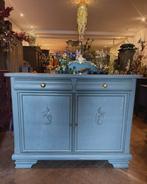 Antiek dressoir, vintage kast, stoer buffet olijfgroen VdlM, Ophalen, Oud doorleefd meubel brocante commode groen buffetkast, 100 tot 150 cm