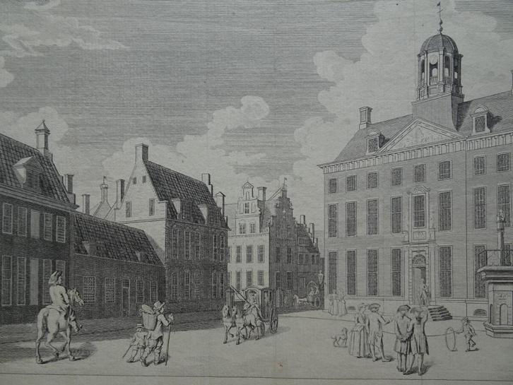 gravure stadhuis, het hof te Leeuwarden, A.J. Hulk, 1785, Antiek en Kunst, Kunst | Etsen en Gravures, Verzenden