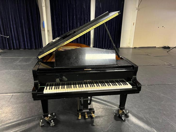 Uniek! A klasse Feurich Concertvleugel 220cm Langlau renner, Muziek en Instrumenten, Piano's, Nieuw, Vleugel, Zwart, Hoogglans