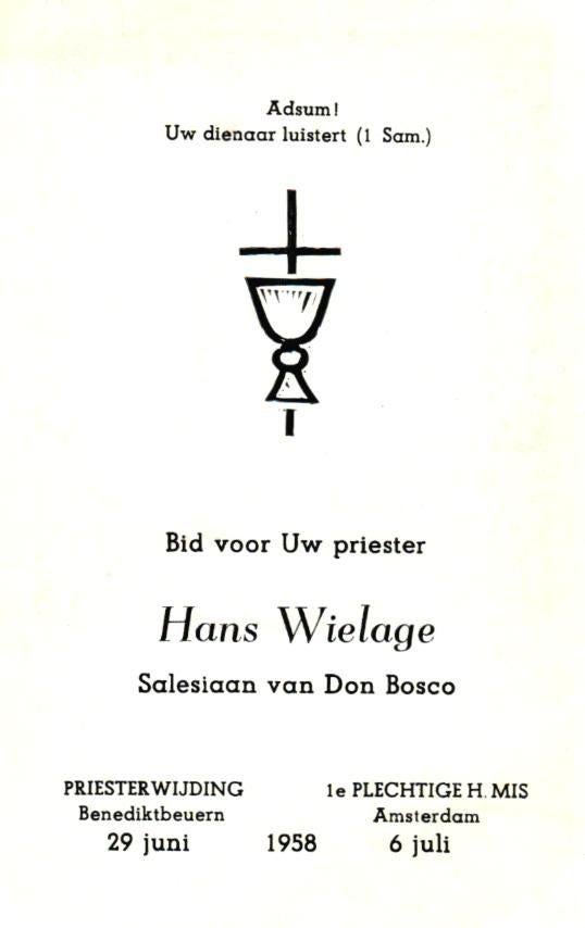 Wielage Hans 1958 Amsterdam Salesiaan, Ophalen of Verzenden