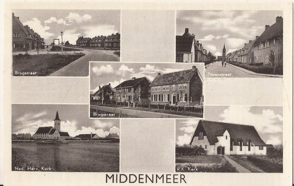 Middenmeer 5luik 50er jaren Brugstraat Torenstraat R.K.Kerk, Verzamelen, Ansichtkaarten | Nederland, Ophalen of Verzenden, 1940 tot 1960