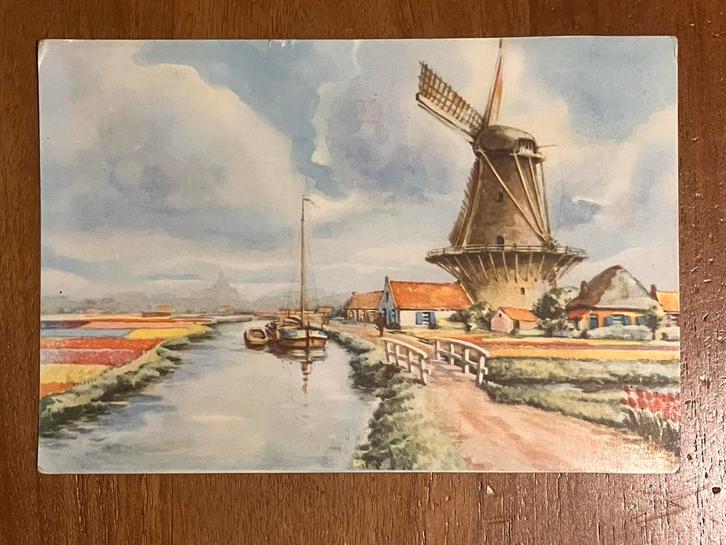 Vrachtschip in water met molen, 1952, Verzamelen, Ansichtkaarten | Nederland, Gelopen, Zuid-Holland, 1940 tot 1960, Ophalen of Verzenden