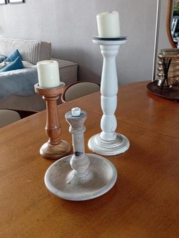 3 Houten Kandelaars - Alles in één koop! beschikbaar voor biedingen