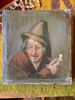 Rokende man, middeleeuws aandoend schilderij linnen op hout, Antiek en Kunst, Kunst | Schilderijen | Klassiek, Ophalen of Verzenden