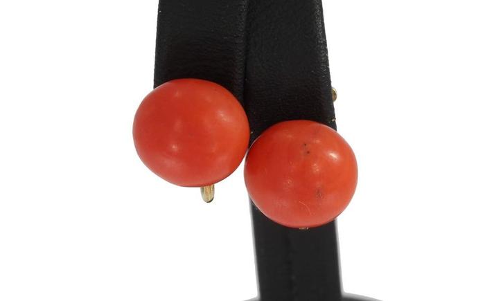 Bloedkoraal grote kraal antiek set 14k gouden oorbellen, Sieraden, Tassen en Uiterlijk, Antieke sieraden, Oorbellen, Goud, Met edelsteen