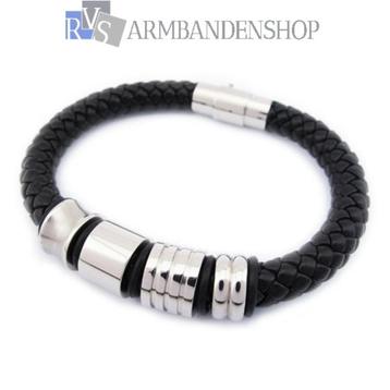 Zwarte leren stoere heren armband rvs edelstaal accenten beschikbaar voor biedingen
