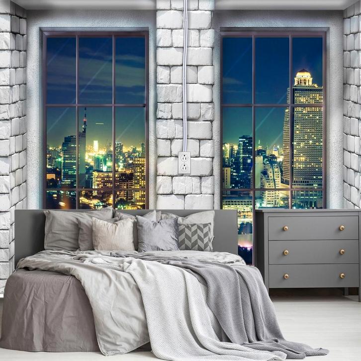 Baksteen 3D behang met ramen, Div. afm. *Muurdeco4kids, Huis en Inrichting, Stoffering | Behang, Blauw, Grijs, minder dan 10 m²