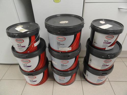 PARTIJ GLIDDEN TEX MAT LATEX MUURVERF EN PRIMER OPRUIMING 1e, Doe-het-zelf en Verbouw, Verf, Beits en Lak, Nieuw, Verf, 5 tot 10 liter