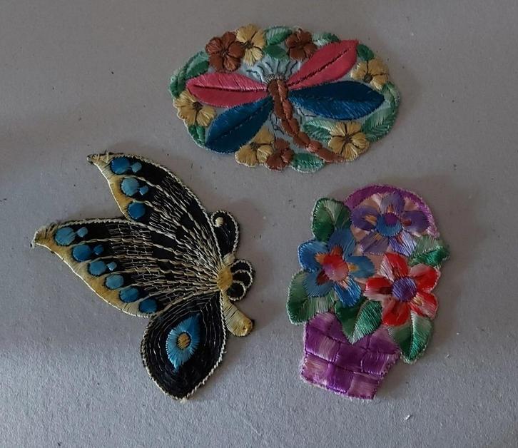 Antiek 3 zijdjes Turmac bloemenmand vlinder libelle, Antiek en Kunst, Curiosa en Brocante, Ophalen of Verzenden