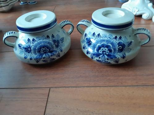 Stel Delfts blauwe kandelaars ca. 12 cm hoog voor kaars 5 cm, Antiek en Kunst, Antiek | Kandelaars, Keramiek of Aardewerk, Ophalen of Verzenden