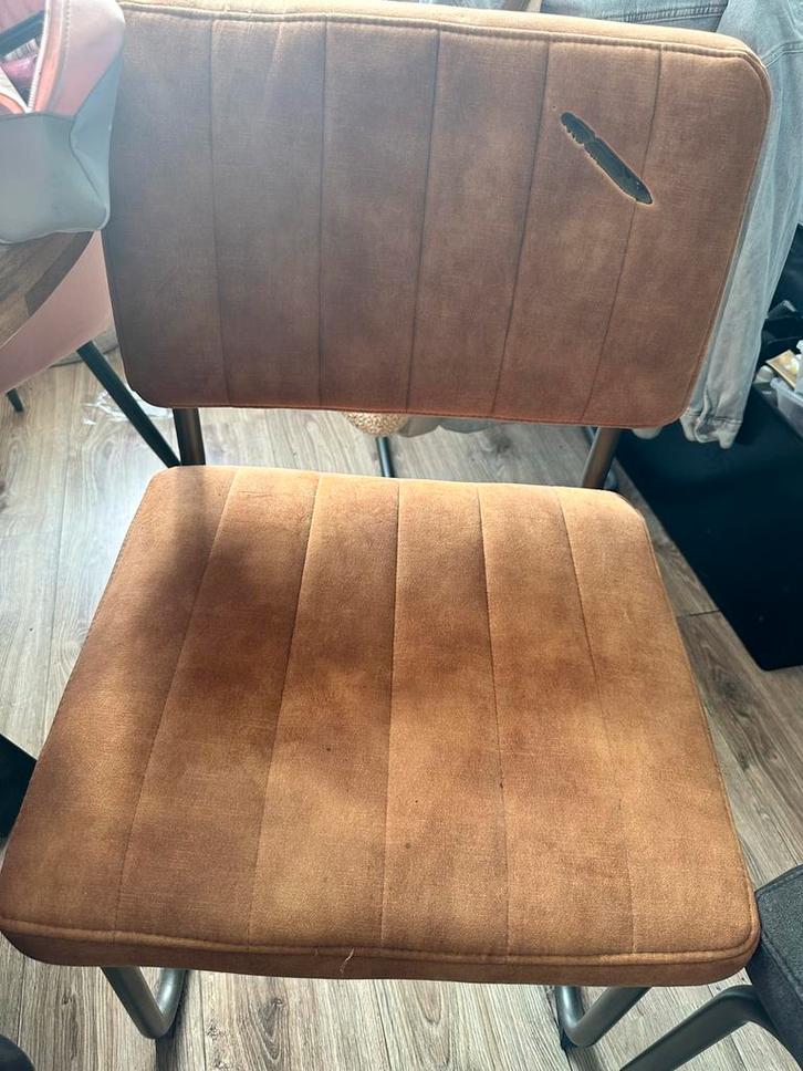 Set van 4 eetkamerstoelen in oker, geel en grijs, Huis en Inrichting, Stoelen, Gebruikt, Vier, Stof, Overige kleuren, Ophalen of Verzenden