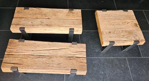 Massief Hout - industriële salontafels 2x en 1x bijzettafel, Huis en Inrichting, Tafels | Salontafels, Zo goed als nieuw, Minder dan 50 cm