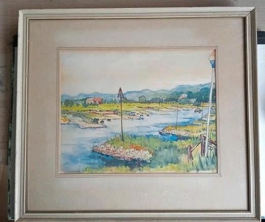 De IJssel Dorp De Steeg 20e eeuw aquarel, Antiek en Kunst, Kunst | Schilderijen | Klassiek, Ophalen of Verzenden