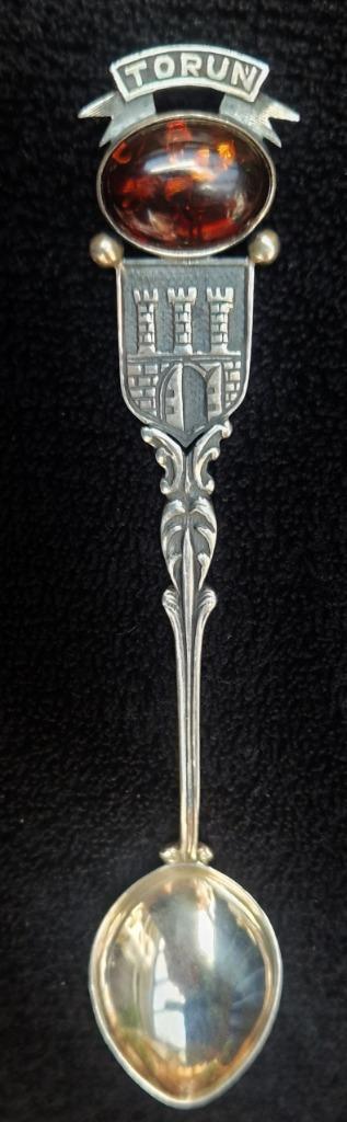 TORUN Prachtig zwaar souvenir lepeltje ZILVER met BARNSTEEN, Verzamelen, Merken en Reclamevoorwerpen, Zo goed als nieuw, Gebruiksvoorwerp
