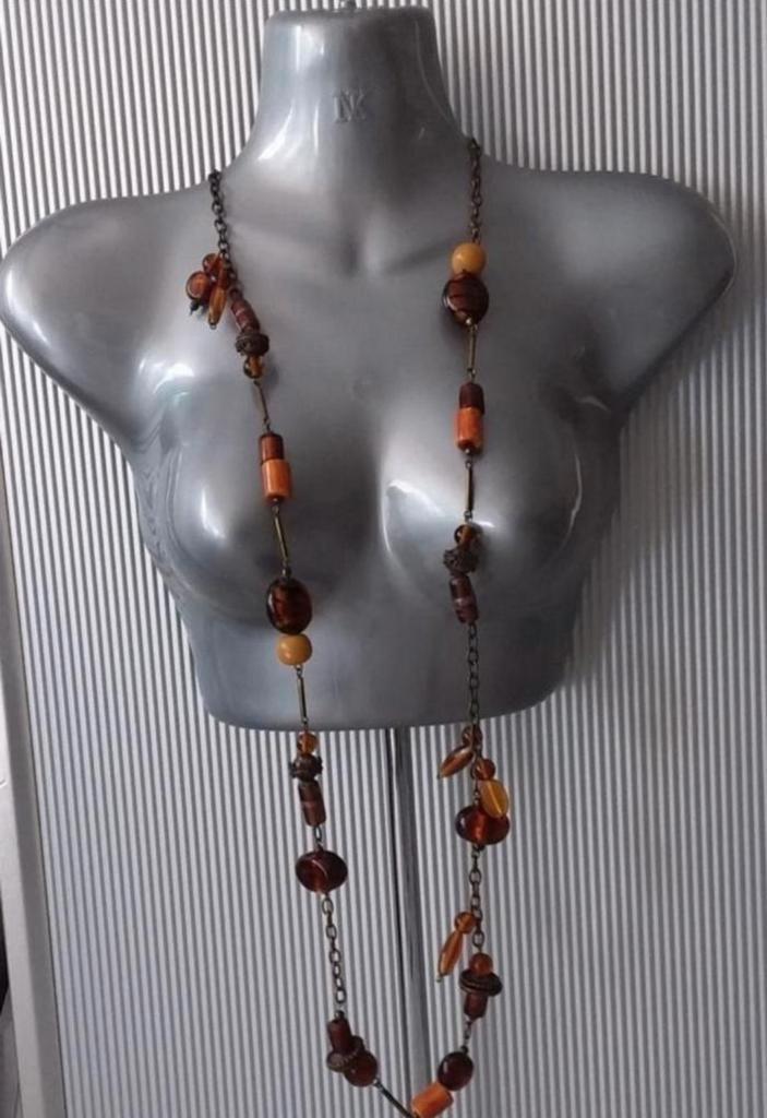Mabouk - lange ketting met glas, been en hout, Sieraden, Tassen en Uiterlijk, Kettingen, Zo goed als nieuw, Overige materialen
