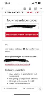 Nelson kortingsbon 15%, Tickets en Kaartjes, Eén persoon, Kortingsbon, Overige typen