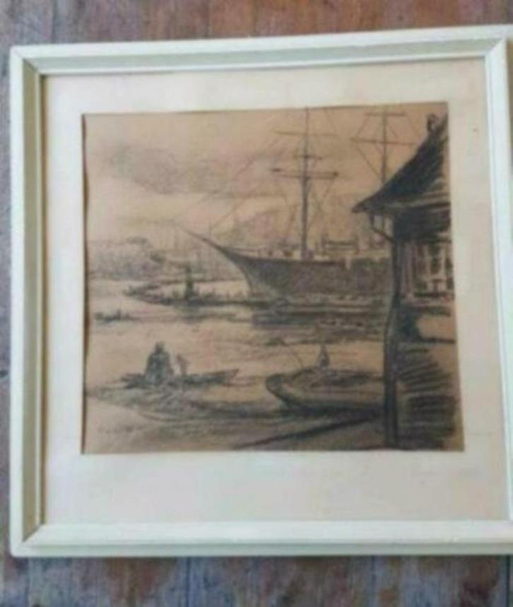 Amsterdam Haven Oosterdok Pollux gesigneerd F J v d Waals, Antiek en Kunst, Kunst | Tekeningen en Foto's, Ophalen