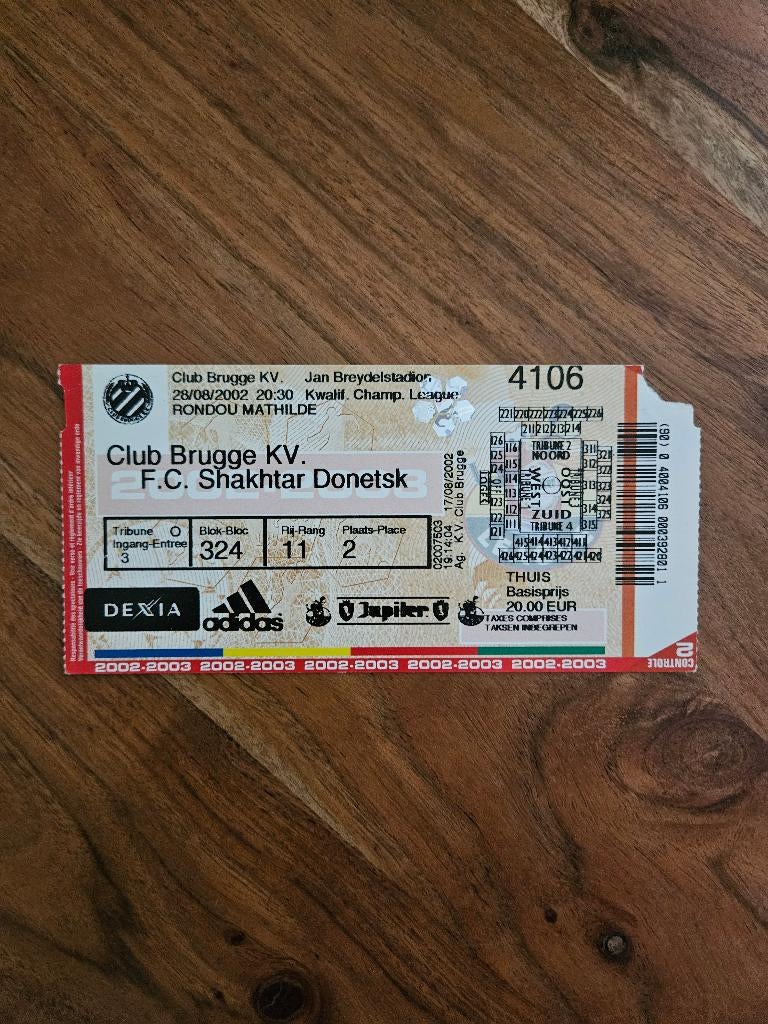 Ticket CL Club Brugge - Shaktar Donetsk 2002/2003, Ophalen of Verzenden, Buitenlandse clubs, Overige typen