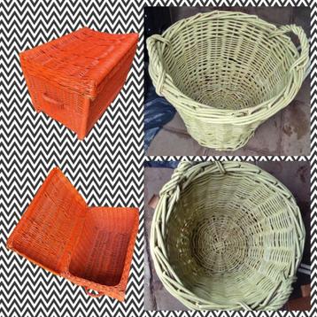 Grote stevige rieten mand licht groen en Oranje rieten kist beschikbaar voor biedingen