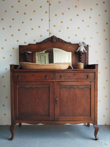 Vintage commode met spiegel / eikenhout /Queen Ann dressoir  beschikbaar voor biedingen