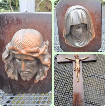 Antiek Kruisbeeld & Maria Jezus Hout '50 beschikbaar voor biedingen