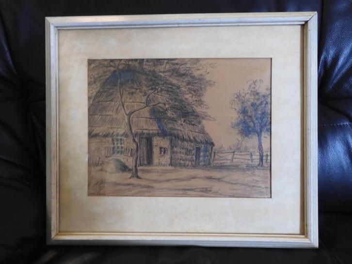 potlood-houtskooltekening boerderij, Harry Hasenbos ca. 1920, Antiek en Kunst, Kunst | Tekeningen en Foto's, Ophalen of Verzenden