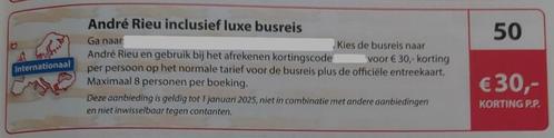 André Rieu inclusief busreis € 30,- korting p.p. Bon nr 50., Tickets en Kaartjes, Concerten | Klassiek, Drie personen of meer