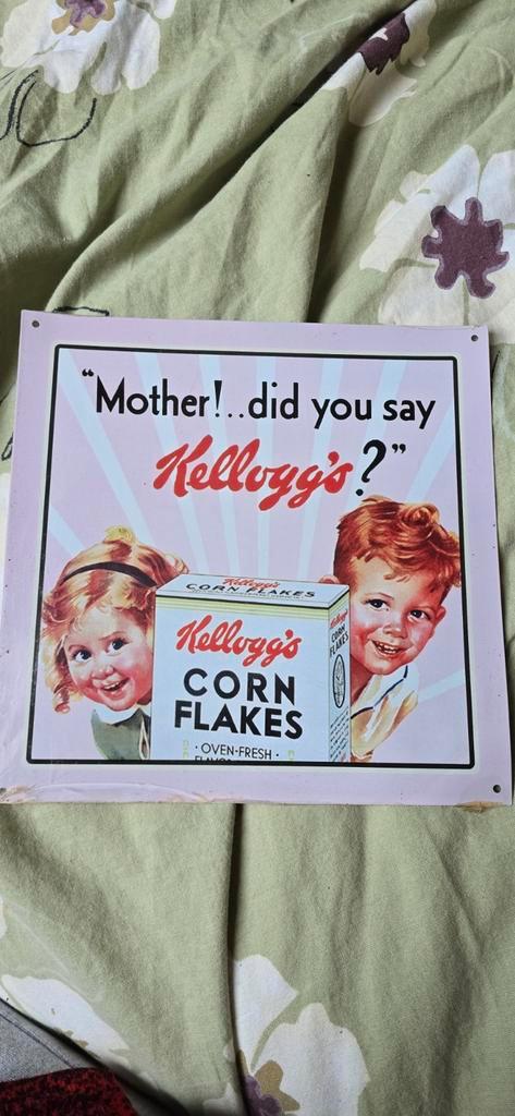 Vintage Kellogg's Reclamebord mother did yoy say Kellogg's, Verzamelen, Merken en Reclamevoorwerpen, Gebruikt, Reclamebord, Ophalen of Verzenden