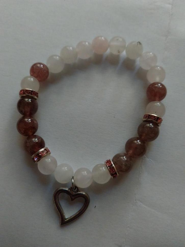 Rozenkwarts & Aardbeienkwarts Armband - Smalle Pols, Sieraden, Tassen en Uiterlijk, Armbanden, Nieuw, Elastiek, Roze, Met bedels of kralen