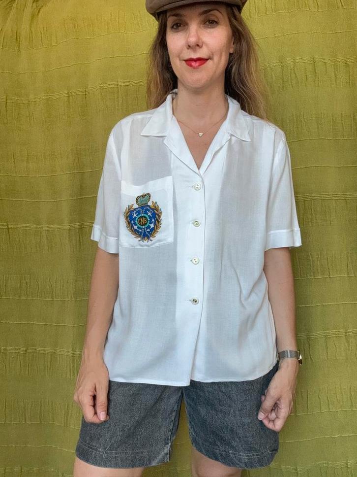 Vintage witte blouse - print - 40/L/large, Kleding | Dames, Blouses en Tunieken, Gedragen, Maat 38/40 (M), Wit, Ophalen of Verzenden