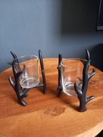 2 IJzeren Waxinelichthouders Gewei met Glaasjes, Ophalen of Verzenden, Metaal, Minder dan 25 cm