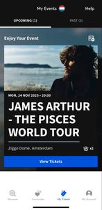 2x kaartjes concert James Arthur, Twee personen, November