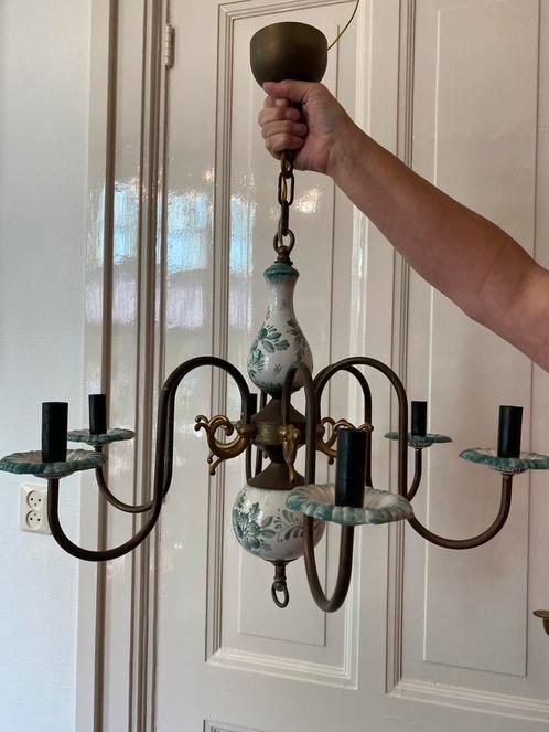 Brocante, antieke kroonluchter,6 armig, porselein afwerking, Huis en Inrichting, Lampen | Kroonluchters, Gebruikt, Overige materialen