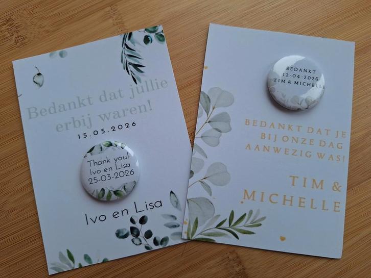 Bedankt Kaartjes met magneetje/button Bruiloft Gasten, Hobby en Vrije tijd, Feestartikelen, Nieuw, Feestartikel, Geboorte of Huwelijk