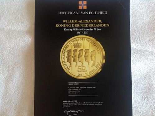 2 penningen Koning Willem Alexander 50 jaar., Postzegels en Munten, Penningen en Medailles, Goud, Nederland, Ophalen