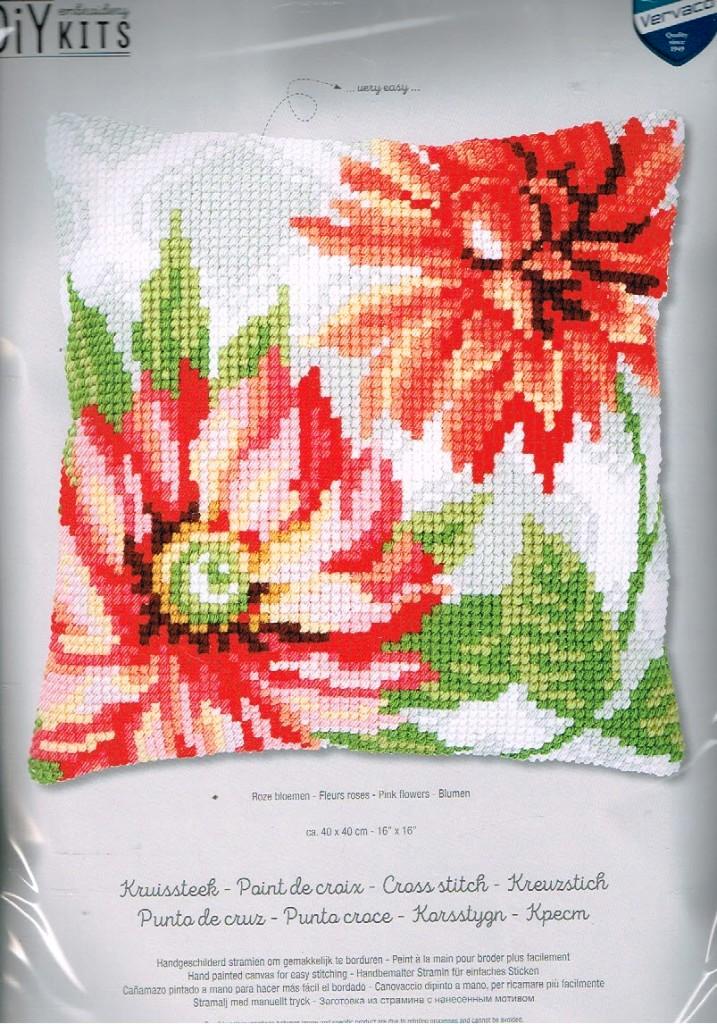 Cado vervaco borduurpakket kussen, roze bloemen 570, Hobby en Vrije tijd, Borduren en Borduurmachines, Nieuw, Borduurpakket, Handborduren