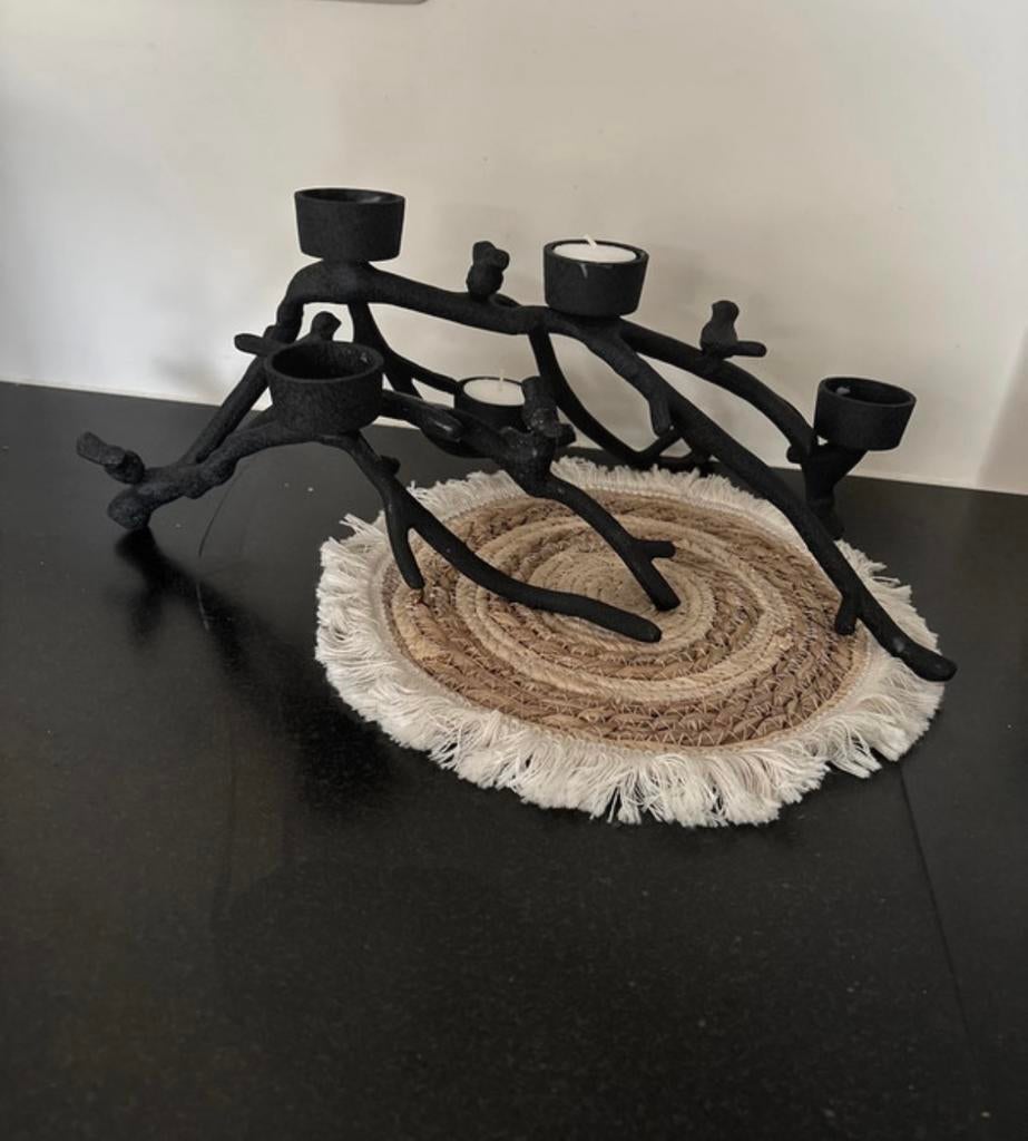 Metalen Kandelaar met Vogels voor 5 Waxinelichtjes, Huis en Inrichting, Zwart, Ophalen of Verzenden, Zo goed als nieuw, Metaal