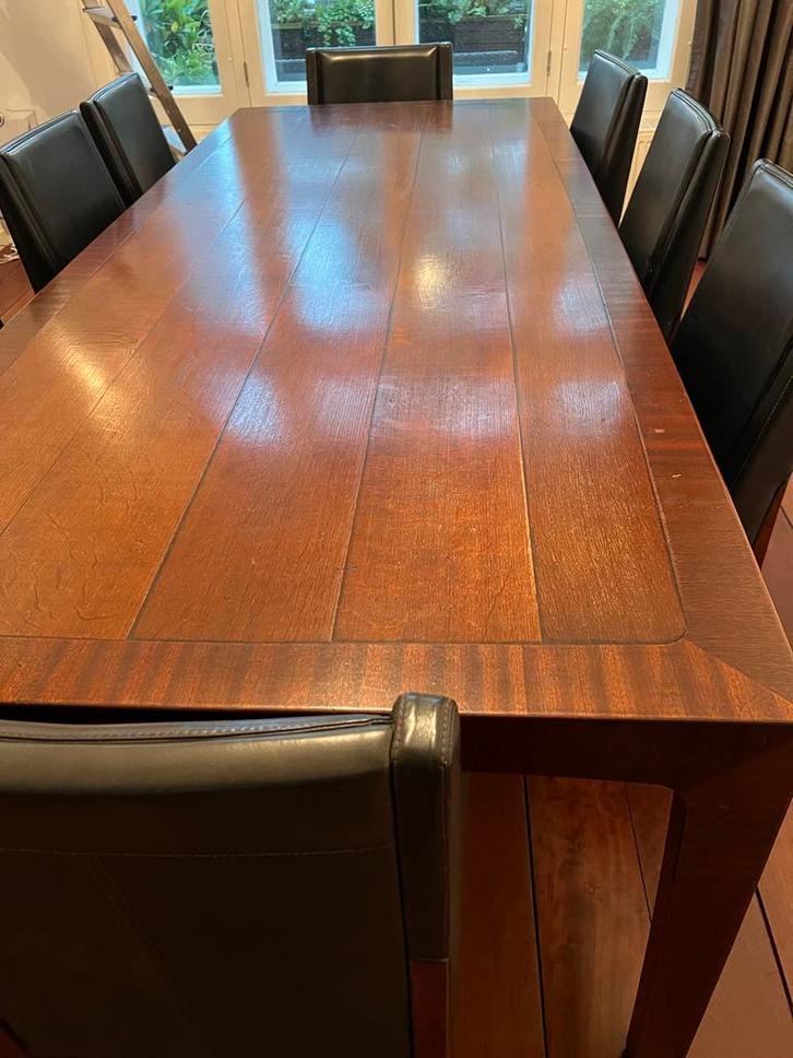 Schuitema tafel met 8 leren stoelen, Huis en Inrichting, Stoelen, Gebruikt, Vijf, Zes of meer stoelen, Leer, Zwart, Ophalen