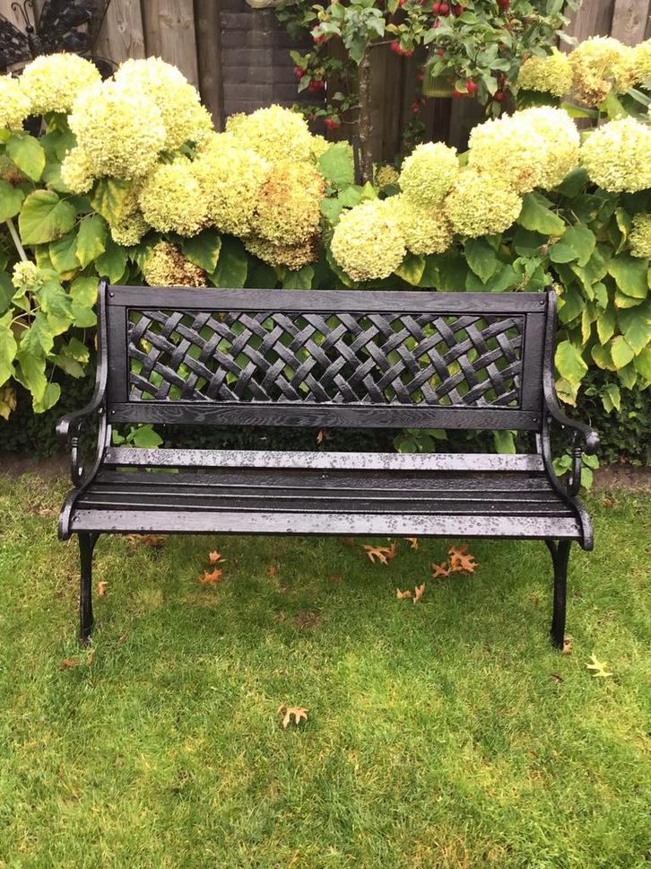 Tuinbank gietijzer/eiken - 125cm, Huis en Inrichting, Woonaccessoires | Schalen en Manden, Gebruikt, Hout, Ophalen of Verzenden