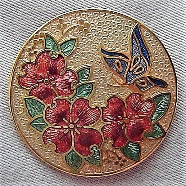 FISH cloisonné broche bloem met vlinder (6992-2912), Sieraden, Tassen en Uiterlijk, Broches, Zo goed als nieuw, Overige materialen