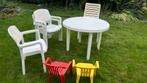 Tuinset met stevige stapelsoelen, Tuin en Terras, Tuinsets en Loungesets, Ophalen, 4 zitplaatsen, Kunststof, Gebruikt