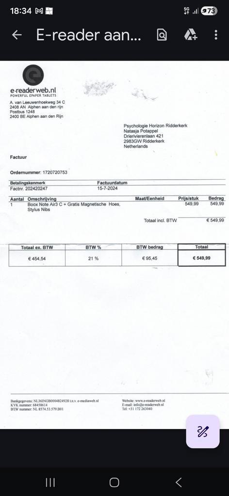 Boox note Air 3C, Computers en Software, E-readers, Zo goed als nieuw, 16 GB of meer, Bluetooth, Touchscreen, Ophalen of Verzenden