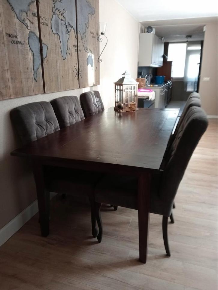 Koloniale Tafel met 6 Taupe Stoelen, Huis en Inrichting, Tafels | Eettafels, Gebruikt, 50 tot 100 cm, 200 cm of meer, Vijf personen of meer