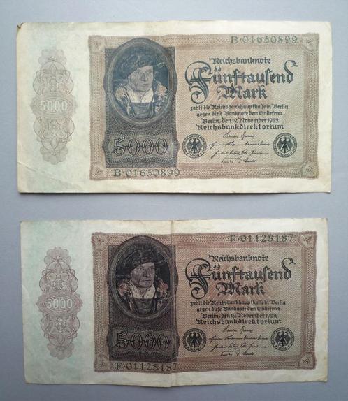 2x Duitsland 5000 Mark bankbiljet 1922 Hans Urmiller, Postzegels en Munten, Bankbiljetten | Europa | Niet-Eurobiljetten, Setje