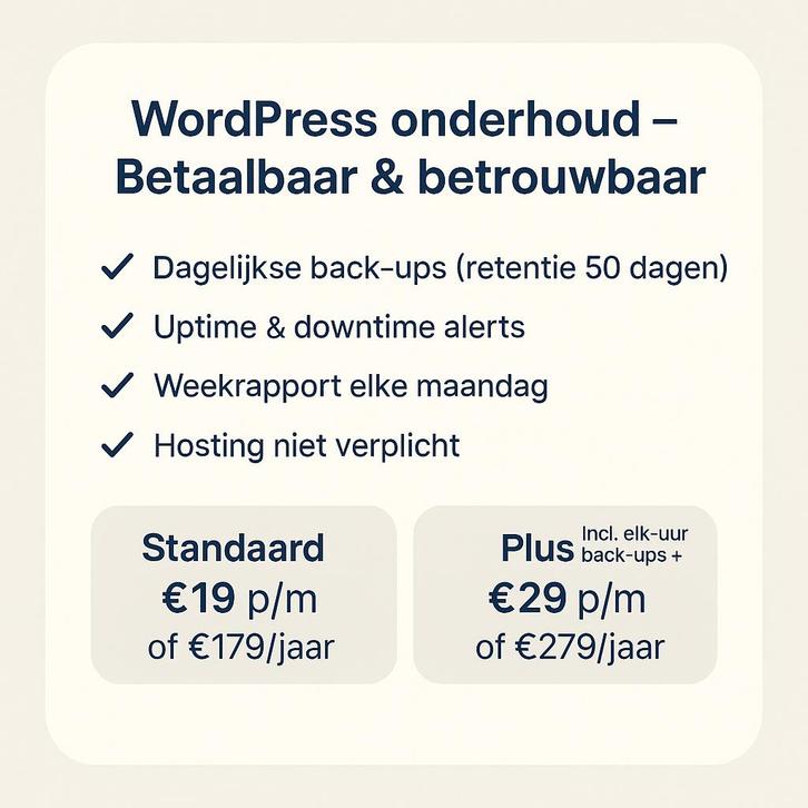 WordPress onderhoud – Bescherming vanaf €19,-, Diensten en Vakmensen, Webdesigners en Hosting, Domeinregistratie, Webdesign, Webhosting
