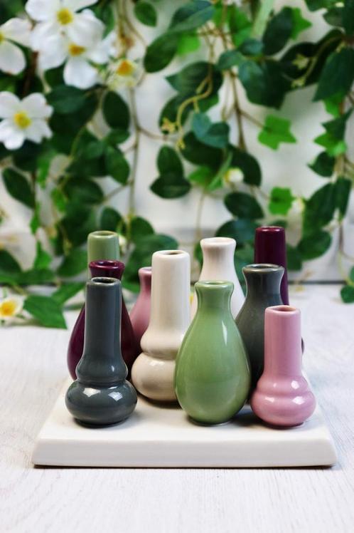 Prachtige plateau met 10 miniatuur vaasjes, Huis en Inrichting, Woonaccessoires | Vazen, Zo goed als nieuw, Overige kleuren, Minder dan 50 cm