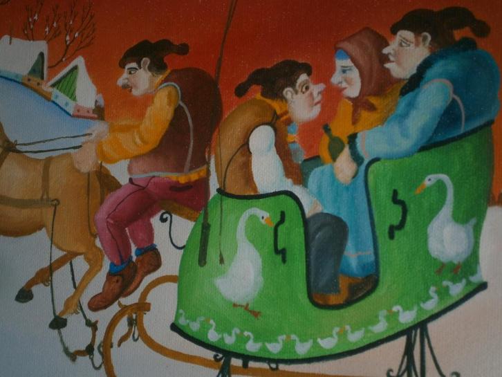 Juraj Bires: Reizigers op een winteravond, naïeve kunst, Antiek en Kunst, Kunst | Schilderijen | Modern, Ophalen of Verzenden